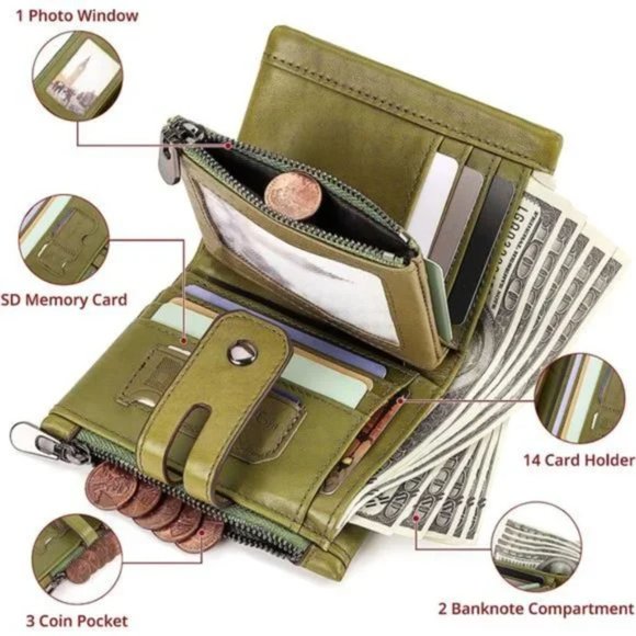 New Chain Wallet Genuine Leather Green - Picture 3 of 7